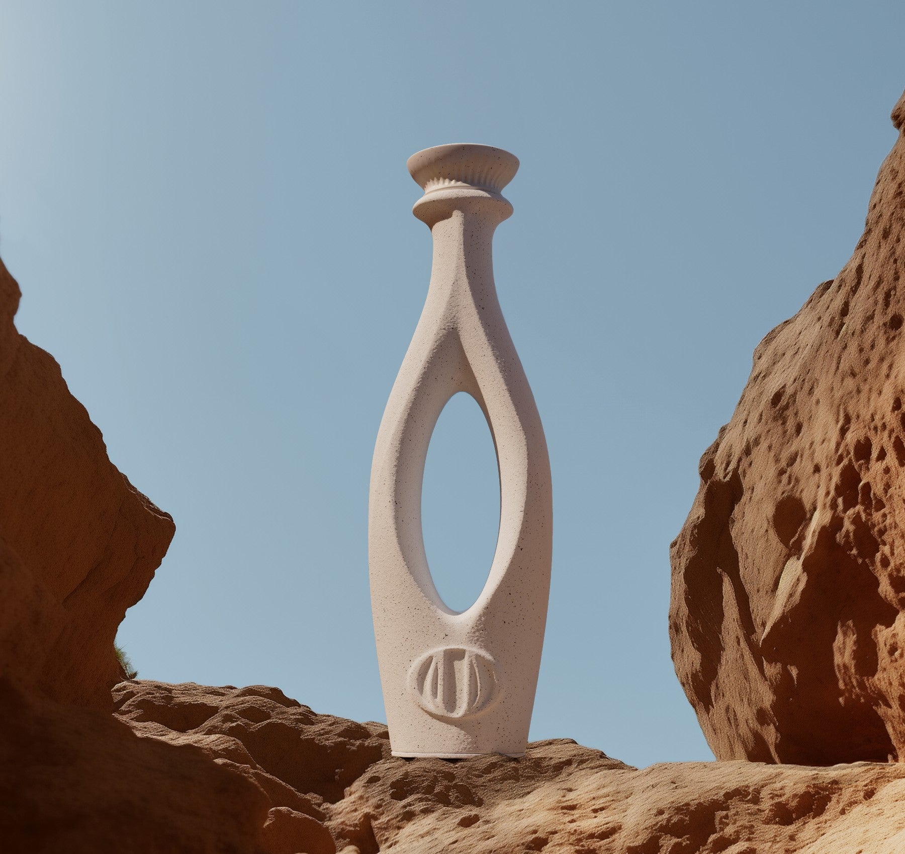 White vase Olujo Tequila with abstract design amidst rugged rocks under clear blue sky