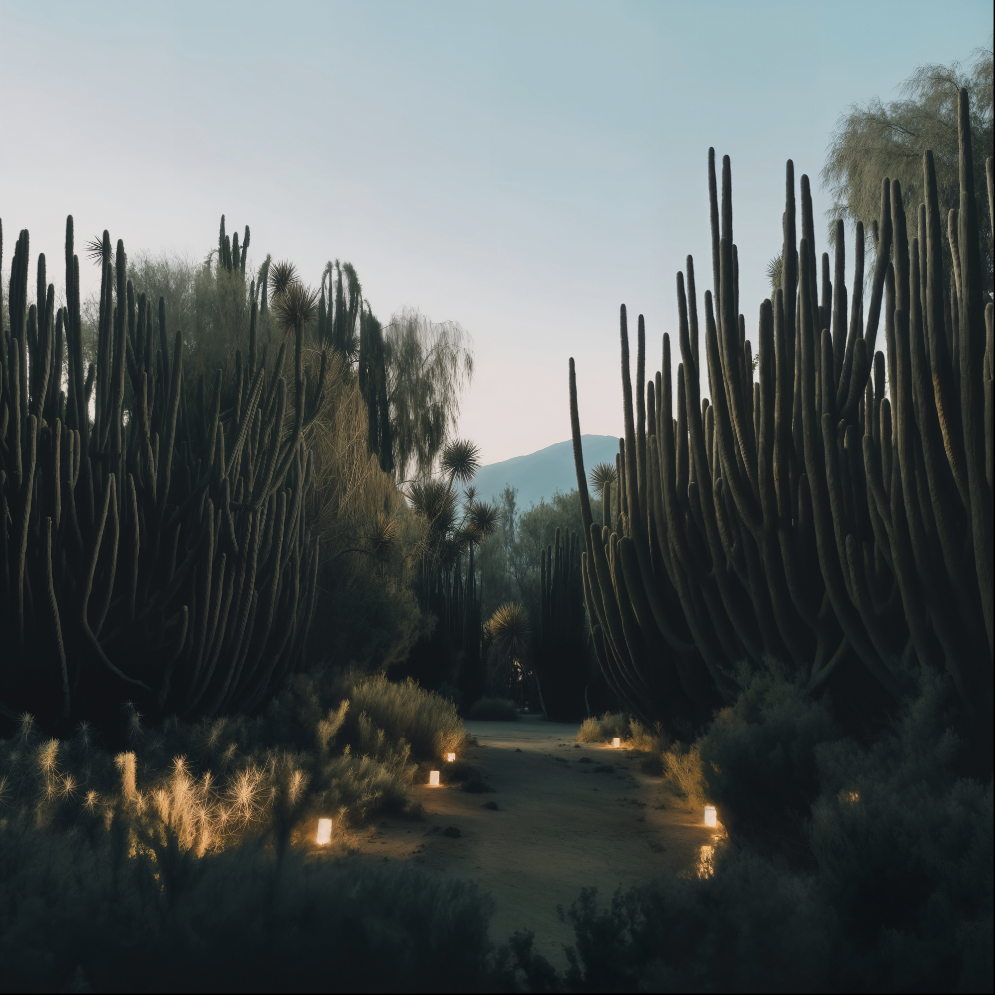 A group of tall cactus trees under a clear blue sky in a desert landscape