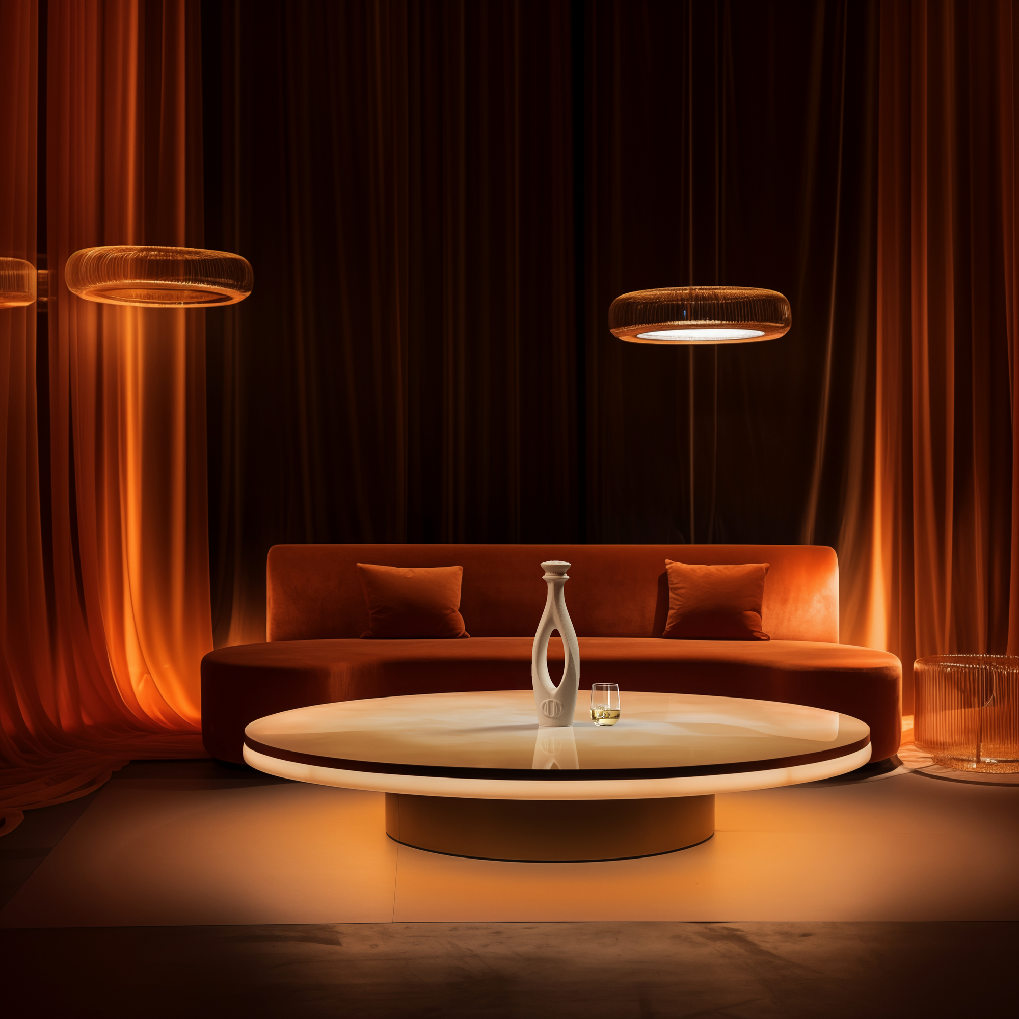 Modern living room with orange curtains, sofa, round table, vase, glass, and pendant lights