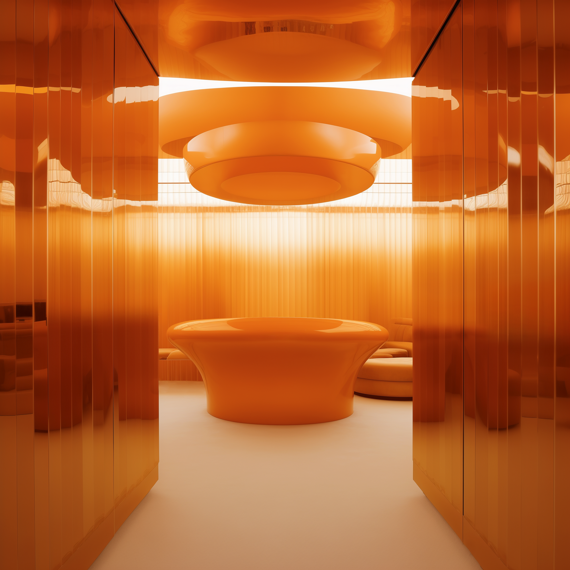 An orange room featuring a round table surrounded by chairs
