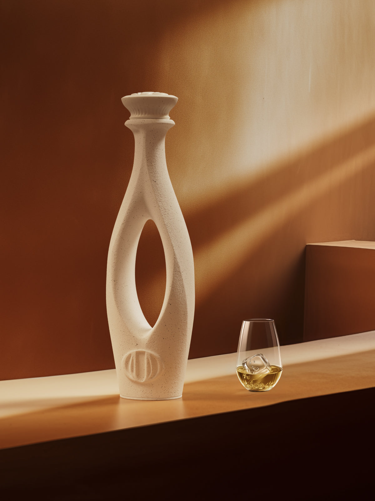 White textured vase with an opening beside a glass of white wine on a wooden surface